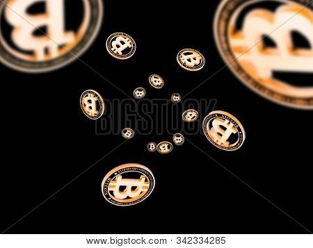 Bit Coin. Falling Gold Cryptocurrency Isolated On Dark Background. Litecoin, Ethereum Cryptocash