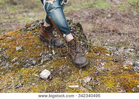 Guy Hiking In Comfortable Hiking Boots. Boots Close-up Stock Photo.