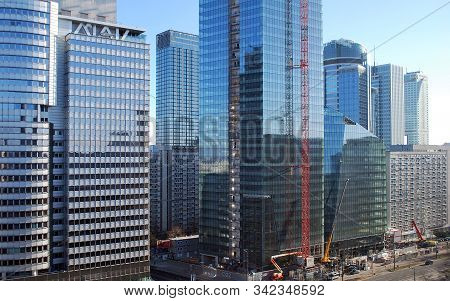 Warsaw,poland. August 2015. Building Under Construction. Q22 Is A Modern Office Building,