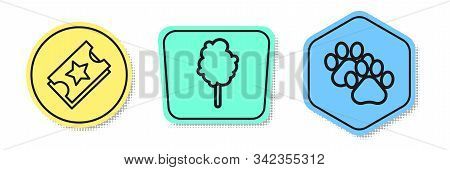 Set Line Ticket, Cotton Candy And Paw Print. Colored Shapes. Vector