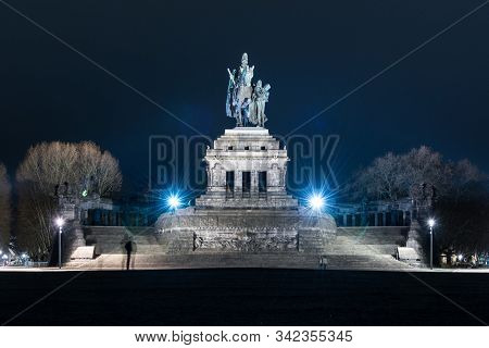 Night View Of Monumental Equestrian Statue Of William I, The First German Emperor., At German Corner