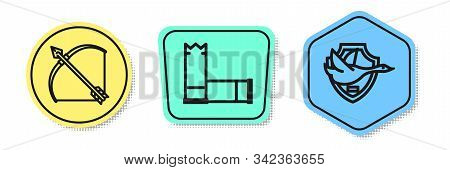 Set Line Bow And Arrow In Quiver, Cartridges And Flying Duck On Shield. Colored Shapes. Vector