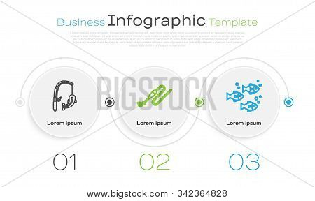 Set Line Fishing Rod And Fish, Fishing Line With Hook And Float And Fish. Business Infographic Templ