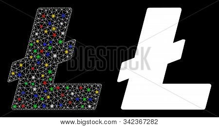 Bright Mesh Litecoin Icon With Glare Effect. Abstract Illuminated Model Of Litecoin. Shiny Wire Fram