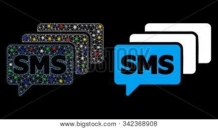 Flare Mesh Sms Queue Icon With Glow Effect. Abstract Illuminated Model Of Sms Queue. Shiny Wire Fram