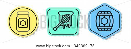 Set Line Jar Of Honey, Honey Dipper Stick With Dripping Honey And Wooden Barrel With Honey. Colored 