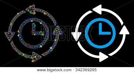 Flare Mesh Wayback Clock Icon With Glare Effect. Abstract Illuminated Model Of Wayback Clock. Shiny 