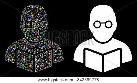 Glossy Mesh Teacher Icon With Glow Effect. Abstract Illuminated Model Of Teacher. Shiny Wire Carcass