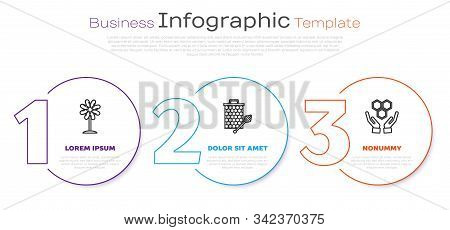 Set Line Flower, Honeycomb With Honey Dipper Stickicon And Honeycomb And Hands. Business Infographic