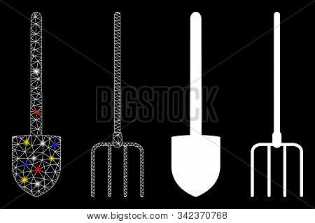 Glowing Mesh Pitchfork And Shovel Tools Icon With Glitter Effect. Abstract Illuminated Model Of Pitc
