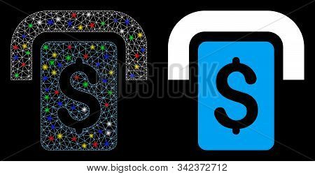 Glossy Mesh Cashpoint Icon With Glare Effect. Abstract Illuminated Model Of Cashpoint. Shiny Wire Ca