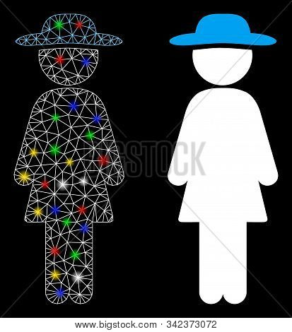 Glossy Mesh Standing Lady Icon With Lightspot Effect. Abstract Illuminated Model Of Standing Lady. S