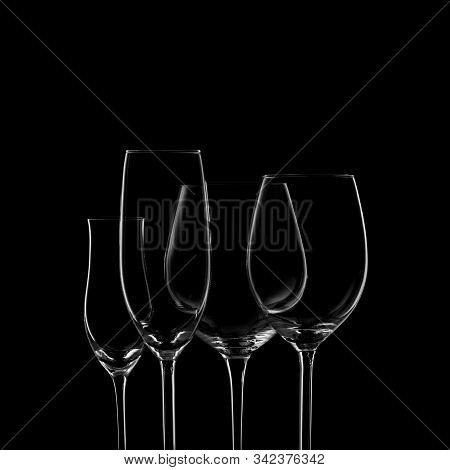Glassware Selection With Wine, Champagne And Liquour Glasses On The Dark Background.. Fine Cristal G