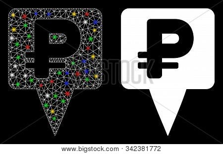 Glowing Mesh Rouble Map Pointer Icon With Lightspot Effect. Abstract Illuminated Model Of Rouble Map