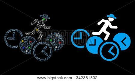 Glossy Mesh Gentleman Running Over Clocks Icon With Glitter Effect. Abstract Illuminated Model Of Ge