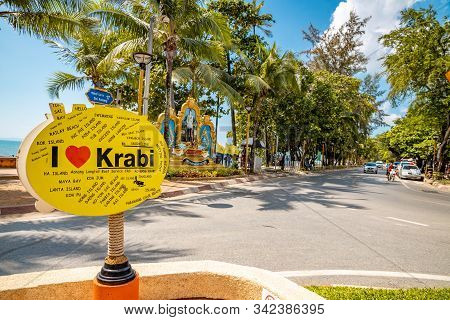 Krabi Town, Thailand - November 24 2019: Ao Nang Beach And Andaman Sea In Krabi Town. I Love Krabi T