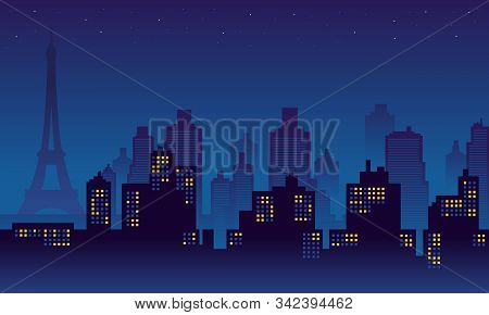 Night Paris City Silhouette With Many Stars In The Sky