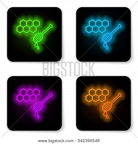 Glowing Neon Line Honeycomb With Honey Dipper Stickicon Isolated On White Background. Honey Ladle. H
