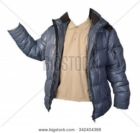 Mens Hakki T-shirt And Blue Jacket Isolated On White Background.casual Clothing