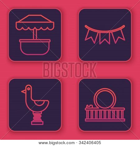 Set Line Attraction Carousel, Riding Kid Duck, Carnival Garland With Flags And Roller Coaster. Blue 