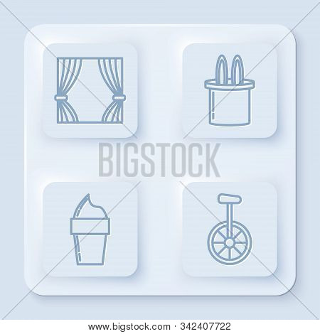 Set Line Curtain, Magician Hat And Rabbit Ears, Ice Cream In Waffle Cone And Unicycle Or One Wheel B