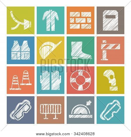 Safety At Work, Labor Protection, Icons, Colored, Pencil Hatching, Vector. Special Clothing And Mean