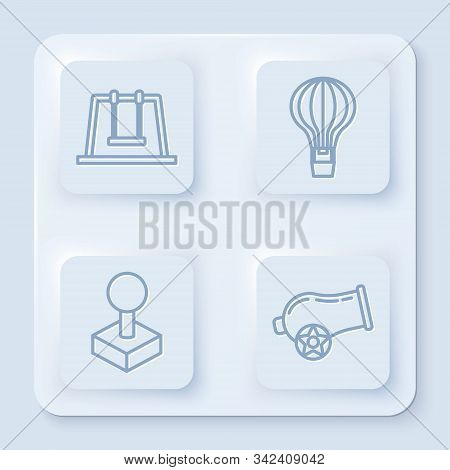 Set Line Swing, Hot Air Balloon, Joystick For Arcade Machine And Cannon. White Square Button. Vector