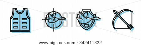 Set Line Flying Duck On Shield, Hunting Jacket, Hunt On Duck With Crosshairs And Bow And Arrow In Qu