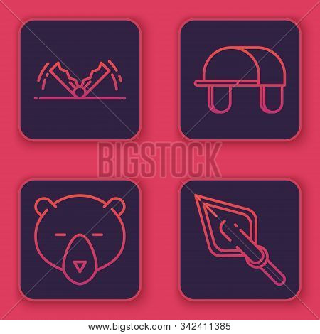 Set Line Trap Hunting, Bear Head, Hunter Hat And Hipster Arrow Tip. Blue Square Button. Vector