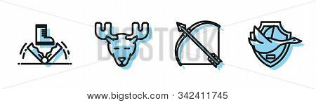 Set Line Bow And Arrow In Quiver, Trap Hunting, Moose Head With Horns And Flying Duck On Shield Icon
