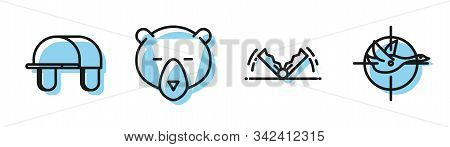 Set Line Trap Hunting, Hunter Hat, Bear Head And Hunt On Duck With Crosshairs Icon. Vector
