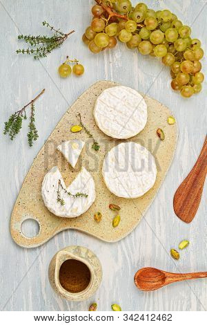 French Cheese Plate For Buffet Party. Traditional French Or Italian Entires Flat Lay. Top View
