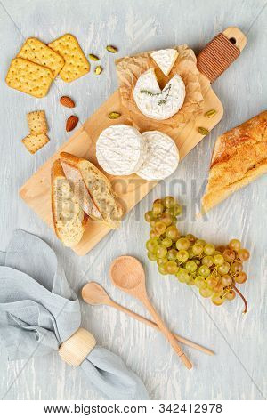 French Cheese Plate For Buffet Party. Traditional French Or Italian Entires Flat Lay. Top View