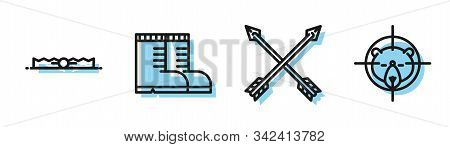 Set Line Crossed Arrows, Trap Hunting, Hunter Boots And Hunt On Bear With Crosshairs Icon. Vector