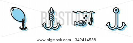 Set Line Fishing Hook Under Water With Fish, Fishing Spoon, Fishing Hook And Fishing Hook Icon. Vect