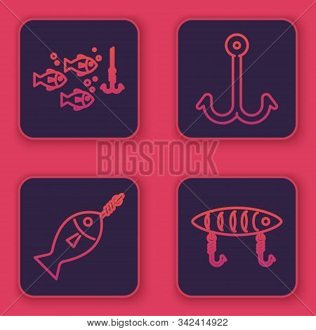 Set Line Fishing Hook Under Water With Fish, Fish On Hook, Fishing Hook And Fishing Lure. Blue Squar