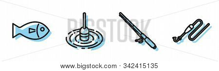 Set Line Fishing Rod, Fish, Fishing Float In Water And Fishing Line With Hook And Float Icon. Vector