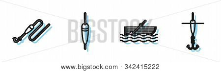 Set Line Fishing Boat With Oars On Water, Fishing Line With Hook And Float, Fishing Float And Fishin