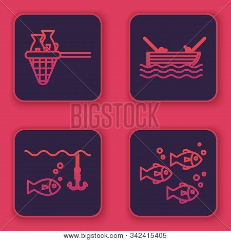 Set Line Fishing Net With Fish, Fishing Hook Under Water With Fish, Fishing Boat With Fishing Rod On