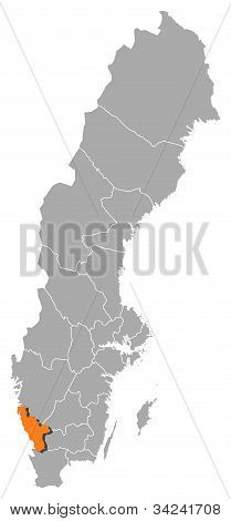 Kort over Sverige, Hallands län fremhævet