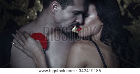 Sexy Passionate Couple Foreplay At Night, Milf With Young Lover Portrait