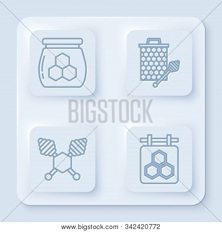 Set Line Jar Of Honey, Honeycomb With Honey Dipper Stickicon, Honey Dipper Stick And Hanging Sign Wi