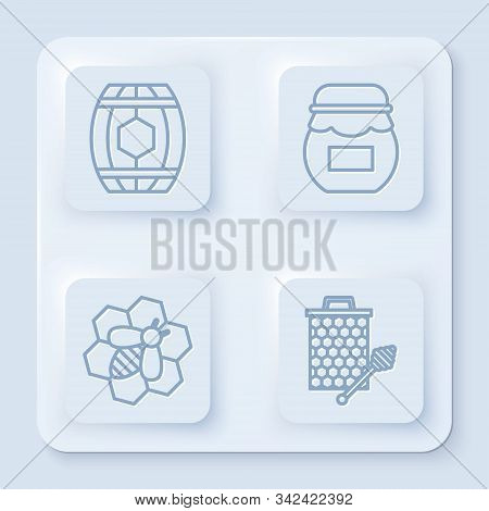 Set Line Wooden Barrel With Honey, Jar Of Honey, Bee And Honeycomb And Honeycomb With Honey Dipper S