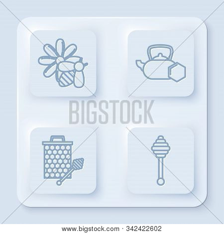 Set Line Bee And Flower, Tea Kettle With Honey, Honeycomb With Honey Dipper Stickicon And Honey Dipp