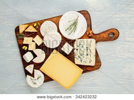 French Cheese Plate For Buffet Party. Traditional French Or Italian Entires Flat Lay. Top View