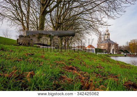 Vintage Heavy Gun In The West Port In Leiden, Netherlands