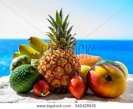 Tropical Fruits Collection, Custard Apple Or Green Ripe Cherymoia, Passion Fruit, Pineapple, Mango,