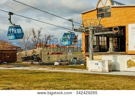Bansko, Bulgaria - December 27, 2019: Ski Resort Center In Bulgaria. Cableway For Climbing The Mount