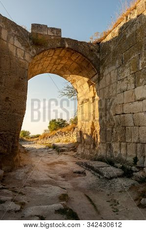 Orta Kapu Gates Of Fortification Wall In Chufut-kale, Medieval Cave Settlement Of Crimean Karaites, 