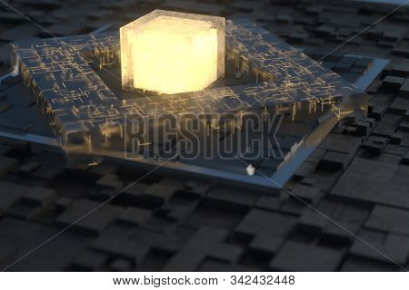 Luminous Cube And Circuits, Black Cubes, 3D Rendering.